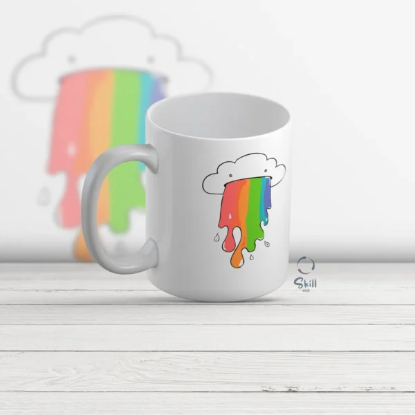 Taza Blanca 11oz Nube Vomitando Arcoíris – Divertida y Colorida