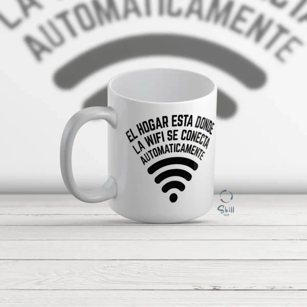 Taza Blanca 11oz Diseño Geek Wi-Fi – "El Hogar Está Donde la Wi-Fi Se Conecta"