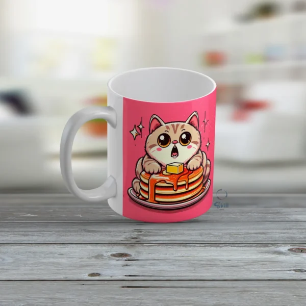 Taza Blanca 11oz – Gatitos y Hotcakes Kawaii 🐱🥞